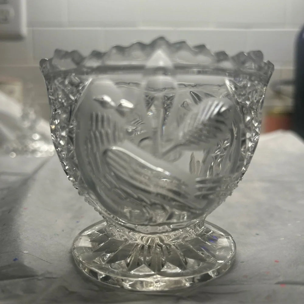 Rare Vintage Crystal Vanity Tea Set with Red Rose and Bird Accent.